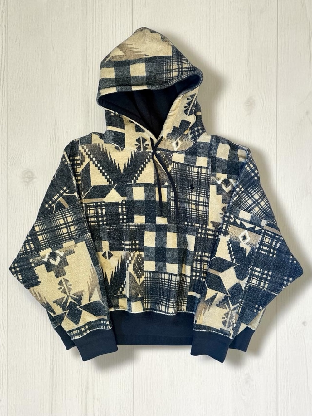 Polo by Ralph Lauren Charcoal and Cream Patterned Hooded Sweatshirt Size XL
